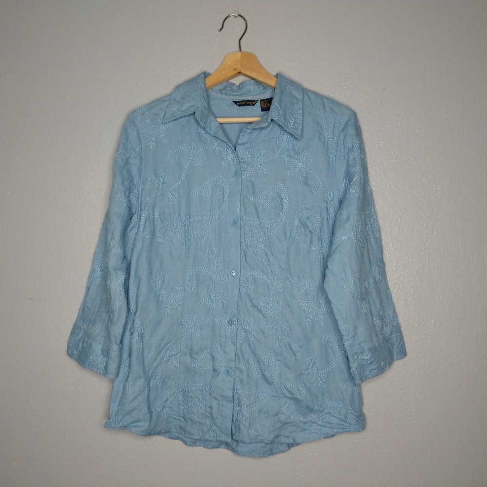 Ecologie Women's 12 Blue Linen Embroidery Button Down Collared Top Shirt